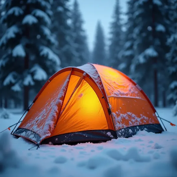 camper sous tente en hiver